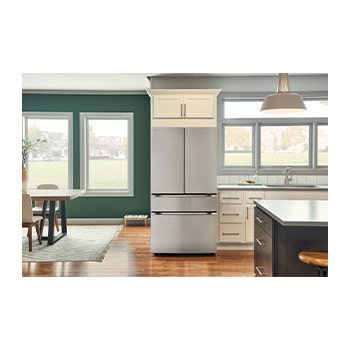 The PrintProof™ Stainless Steel LG 36-inch 26 cu.ft. 4-Door French Door Refrigerator LF30S8210S, shown installed in a modern kitchen.