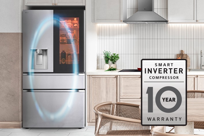 Stainless steel LG French door refrigerator with a glass InstaView door panel and external water dispenser in a kitchen.
