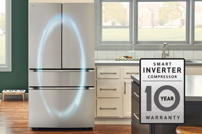Stainless steel four-door French door refrigerator in a kitchen with a 10-year Smart Inverter Compressor warranty badge.