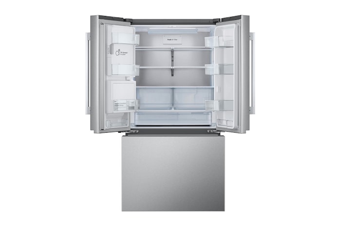 Front view of LG 36" 31 cu. ft. Standard-Depth MAX® French 3-Door Refrigerator | Ice & Water Dispenser | Dual Ice Maker with door open - LF24Z6330S