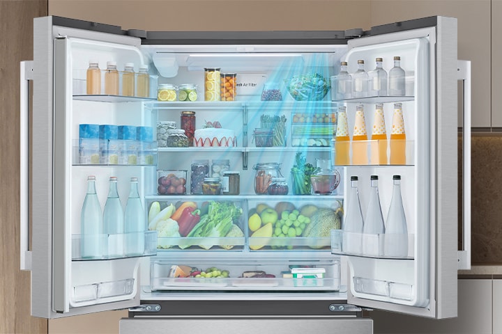 lg door cooling plus smart cooling system steady cold air fresher food in door compartments