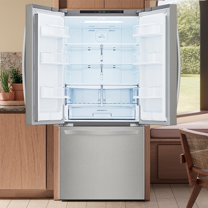 Stainless steel French door refrigerator with open doors showing a bright white interior, glass shelves, and door bins.