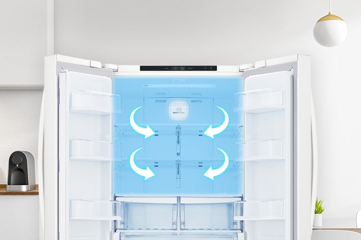 Open white French door refrigerator showing Multi Air Flow system with blue cooling highlights and white arrows.