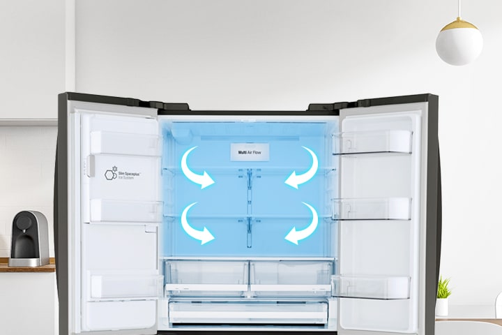 Open French door refrigerator showing the Multi Air Flow system with blue light and white arrows indicating air circulation.