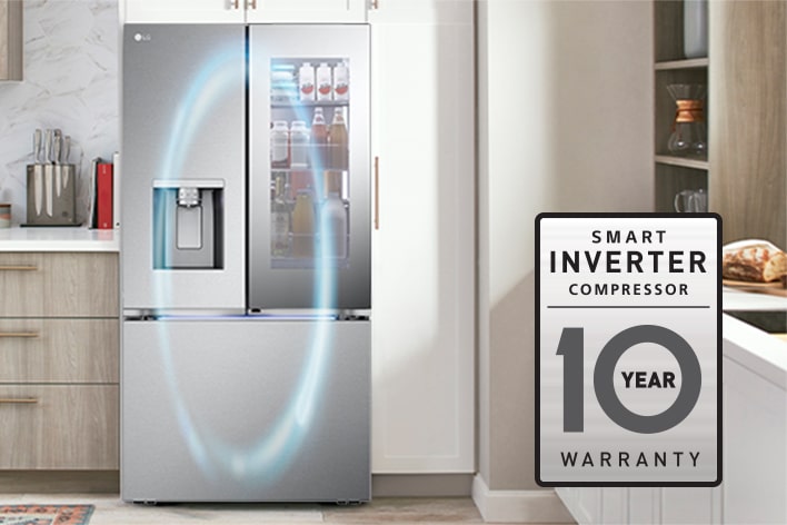 LG stainless steel French door refrigerator with InstaView glass panel and external water dispenser in a kitchen.