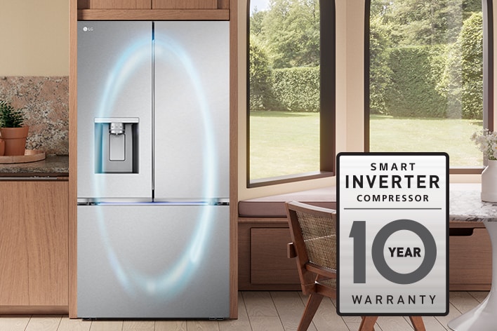 LG stainless steel French door refrigerator with water dispenser in a modern kitchen setting.