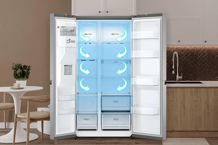 Open side-by-side refrigerator in a kitchen showing multi air flow cooling system with blue light and arrows.