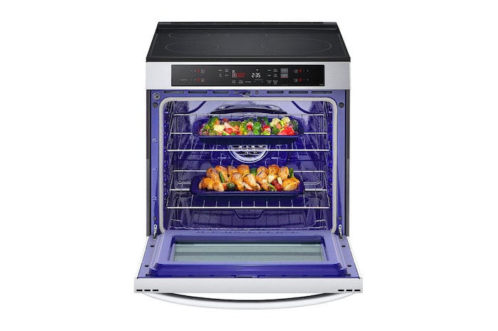 Font view with door open tray with food