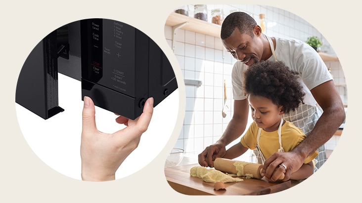 A hand pressing a microwave button next to a father and child rolling dough in a kitchen.