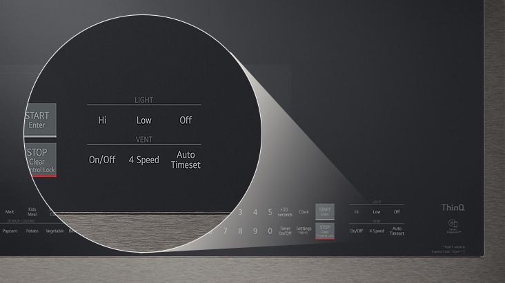 Close-up of a black microwave touch control panel featuring light and vent settings with a magnifying glass effect.