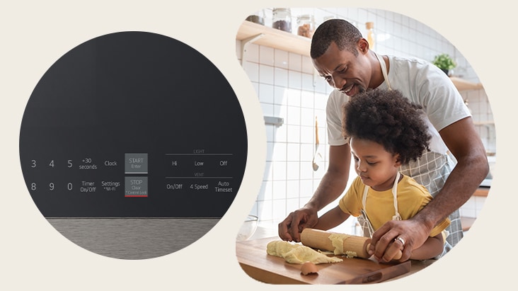 A father and child roll dough in a kitchen next to a close-up of a black microwave touch control panel.
