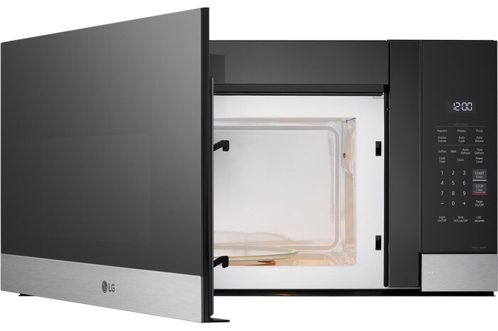 Front view of LG 1.7 cu ft. Over the Range Microwave Oven | 300 CFM Ventilation, Auto Cook Settings & EasyClean®, Stainless with door open - MVEM1720Y
