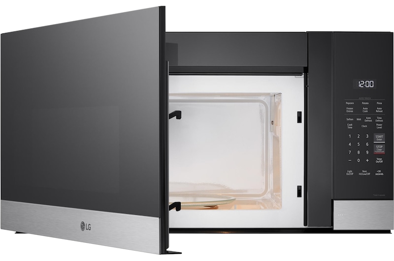 Front view of LG 1.7 cu ft. Over the Range Microwave Oven | 300 CFM Ventilation, Auto Cook Settings & EasyClean®, Stainless with door open - MVEM1720Y