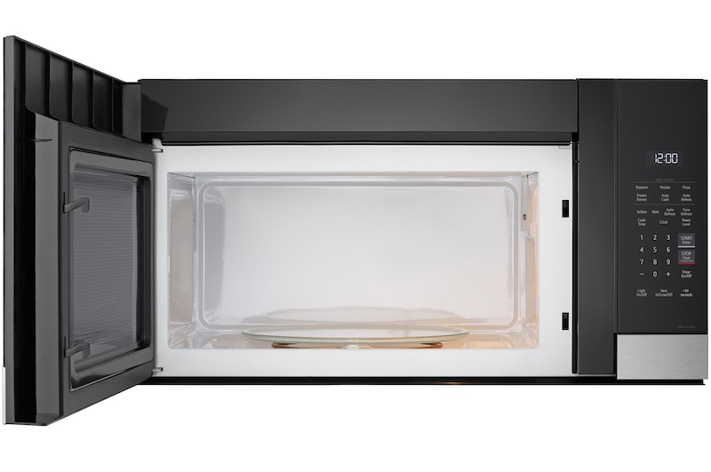 Front view of LG 1.7 cu ft. Over the Range Microwave Oven | 300 CFM Ventilation, Auto Cook Settings & EasyClean®, Stainless with door open - MVEM1720Y