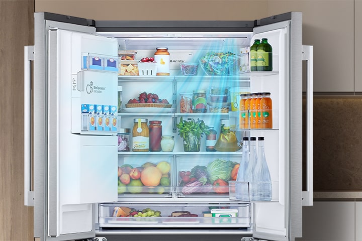 lg door cooling plus smart cooling system steady cold air fresher food in door compartments