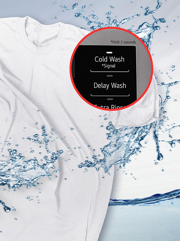 White LG front-load washing machine with a black circular door and control dial, featuring a ColdWash technology graphic.