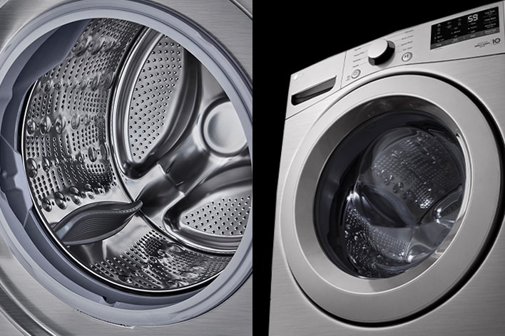 Interior view of a front-load washing machine featuring a shiny NeveRust stainless steel drum with textured patterns.