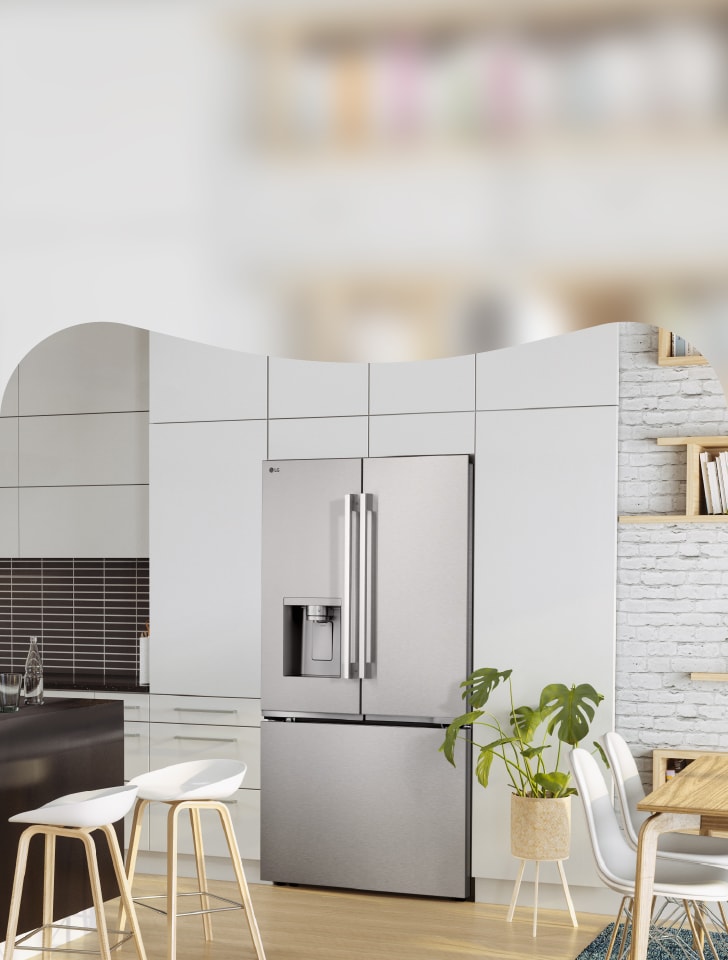 LG stainless steel French-door refrigerator in a modern white kitchen.