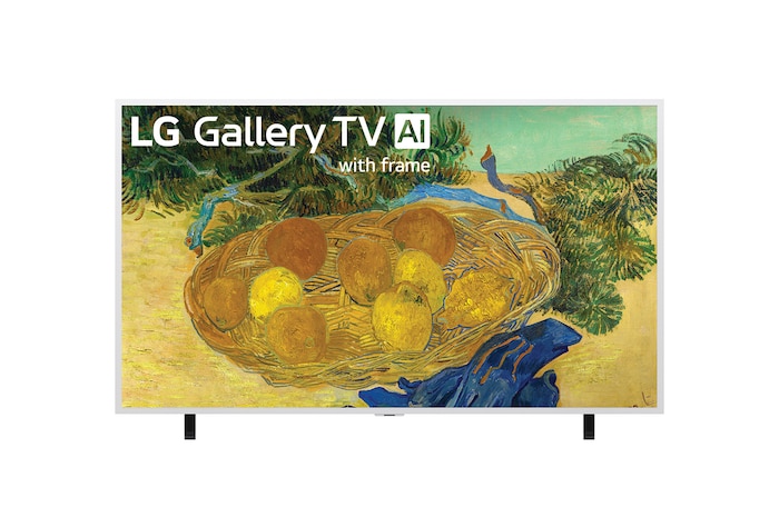 The front view of LG Gallery TV AI with frame LX7 ART TV, released in 2026, features a Snow White frame and height adjustable stand, displaying a vivid painting of yellow fruit in a woven basket across the screen.