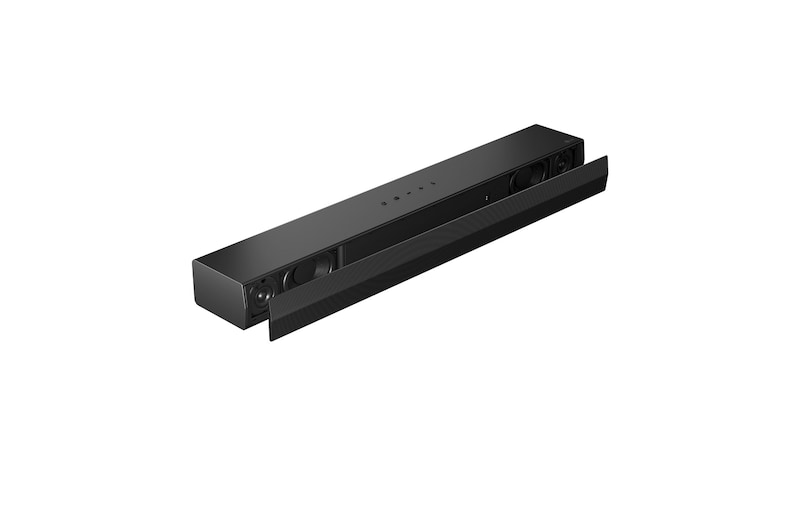 45-degree-angle view of soundbar with grill part apart