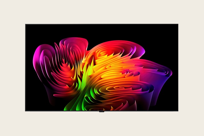 The front view of LG OLED evo AI W6 Wallpaper TV features its slim and thin wallpaper design, while a dynamic abstract composition of wave-like color gradients in vivid multicolors flows seamlessly across the screen.