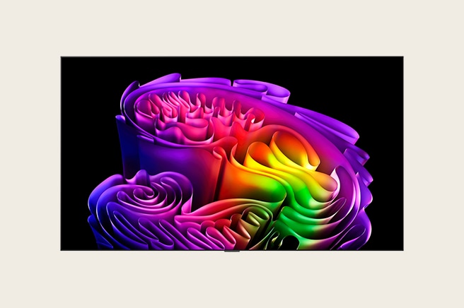 The front view of LG OLED evo features a slim black bezel, with a vivid, sculptural image of richly layered, multicolored forms filling the screen.