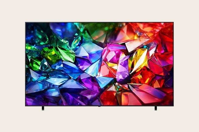 The front view of LG Micro RGB evo features a slim black bezel, with a vivid, crystalline image of sharply defined red, green, and blue facets filling the screen.