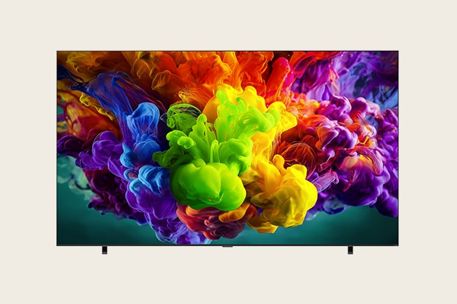 The front view of LG QNED evo Mini LED fills the screen with vivid, fluid bursts of multicolored, paint-like motion, as dense clouds of color blend seamlessly across the display.