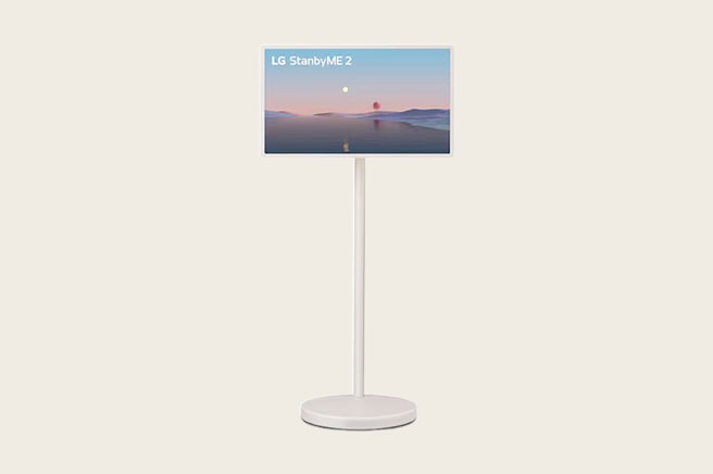 The front view of LG StanbyME 2 Max LX6 Movable Screen with a detachable and super portable design features flexible placement for various interiors, as a serene landscape interface blends seamlessly across the display.
