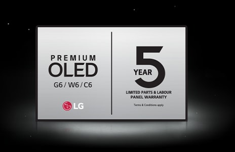 The LG OLED Care+ and 5 Year Panel Warranty logo against a black backdrop.