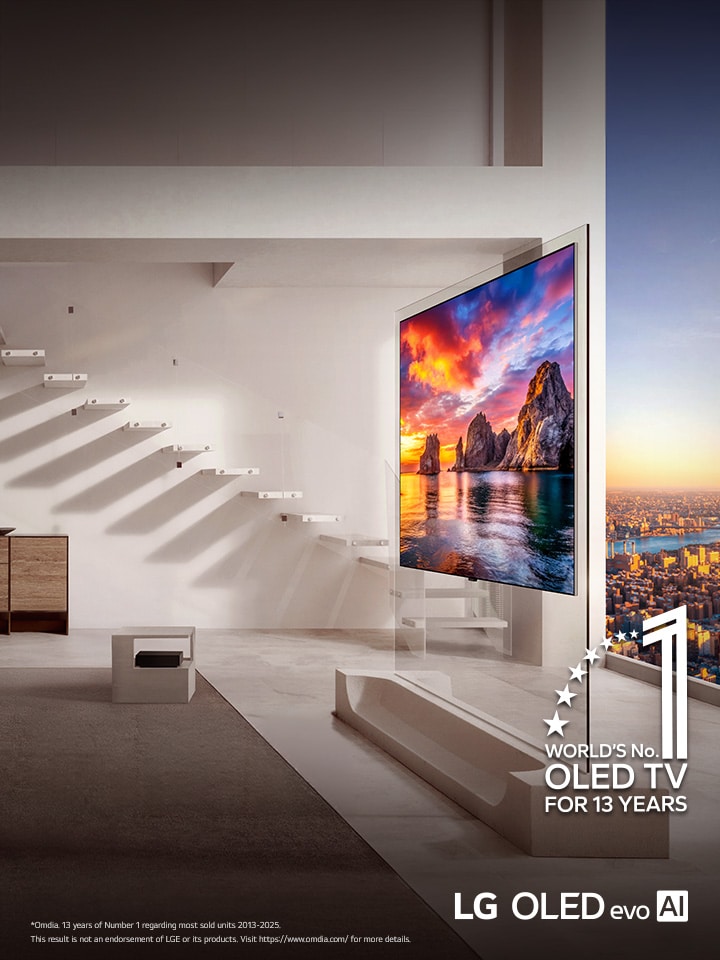 An overhead perspective of a man and woman watching a concert on a large OLED TV in a modern apartment. The "World's number 1 OLED TV for 11 Years" emblem is in the image. A disclaimer reads: "Source: Omdia. Unit shipments, 2013 to 2023. Results are not an endorsement of LG Electronics. Any reliance on these results is at the third party’s own risk. Visit https://www.omdia.com/ for more details."