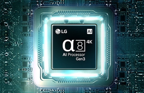 An alpha 8 AI Processor on top of a motherboard, emitting orange and yellow bolts of light.