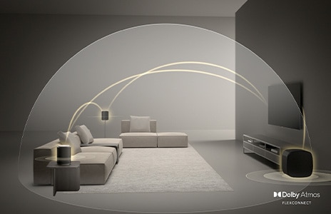 LG TV and LG Soundbar are in a black room playing a musical performance. White droplets representing soundwaves shoot upwards and forward from the soundbar.
