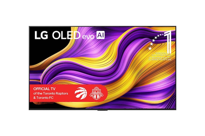 Front view of LG OLED evo AI G5 4K Smart TV. 12 Years of world number 1 OLED emblem and LG OLED evo AI 2025 logo are on the screen.