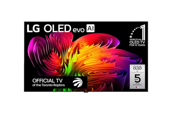 The front view of LG OLED evo AI W6 Wallpaper, released in 2026, displays a dynamic wave-like composition on screen, featuring Wallpaper Design, True Wireless Technology, Hyper Radiant Color Tech, and the World’s No.1 OLED TV for 13 Years badge.