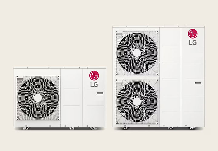 Displayed are two LG Therma V Monobloc outdoor units. A small rectangular one on the left and a larger two-stack unit on the right.