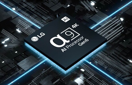 An image of the α9 AI Processor 4K Gen6 against a circuit board with blue lights emitting from the chip, representing its power.