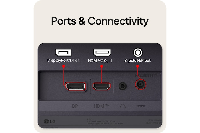 Rear view of a gaming monitor showing its connectivity ports, including one HDMI™ 2.0 input, one DisplayPort 1.4 port, and 3-pole H/P out.