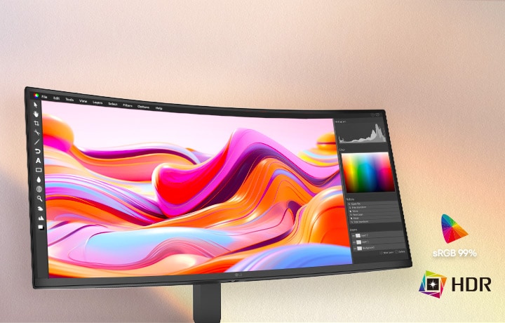 LG UltraWide Curved Monitor displaying vivid creative content on a wide curved screen with HDR10 support and sRGB 99% color coverage, delivering rich color accuracy, enhanced contrast, and precise visual detail for creative work and immersive viewing.