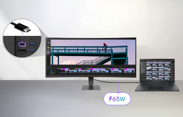 LG UltraWide Curved Monitor with all-in-one USB-C connectivity, providing video, data transfer, and up to 65W power delivery through a single cable, enabling a clean desk setup and efficient multitasking with a connected laptop.