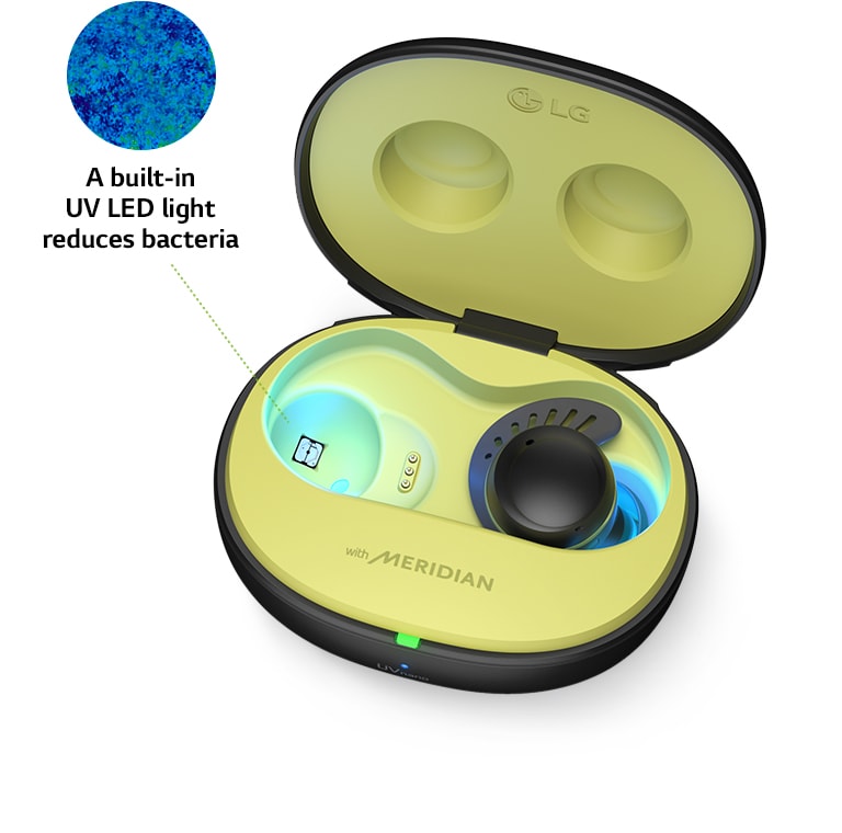 The TONE Free fit cradle's lid is opened and the right earbud is inside. The UVnano function is demonstrated by changing from red to blue as the bacteria disappears. The TUV and UVnano logos are shown at the bottom with the disclaimer.