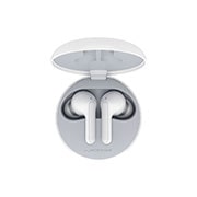 HBS-FN6-A top view of a cradle opened up and two earbuds inside it with UV lighting on