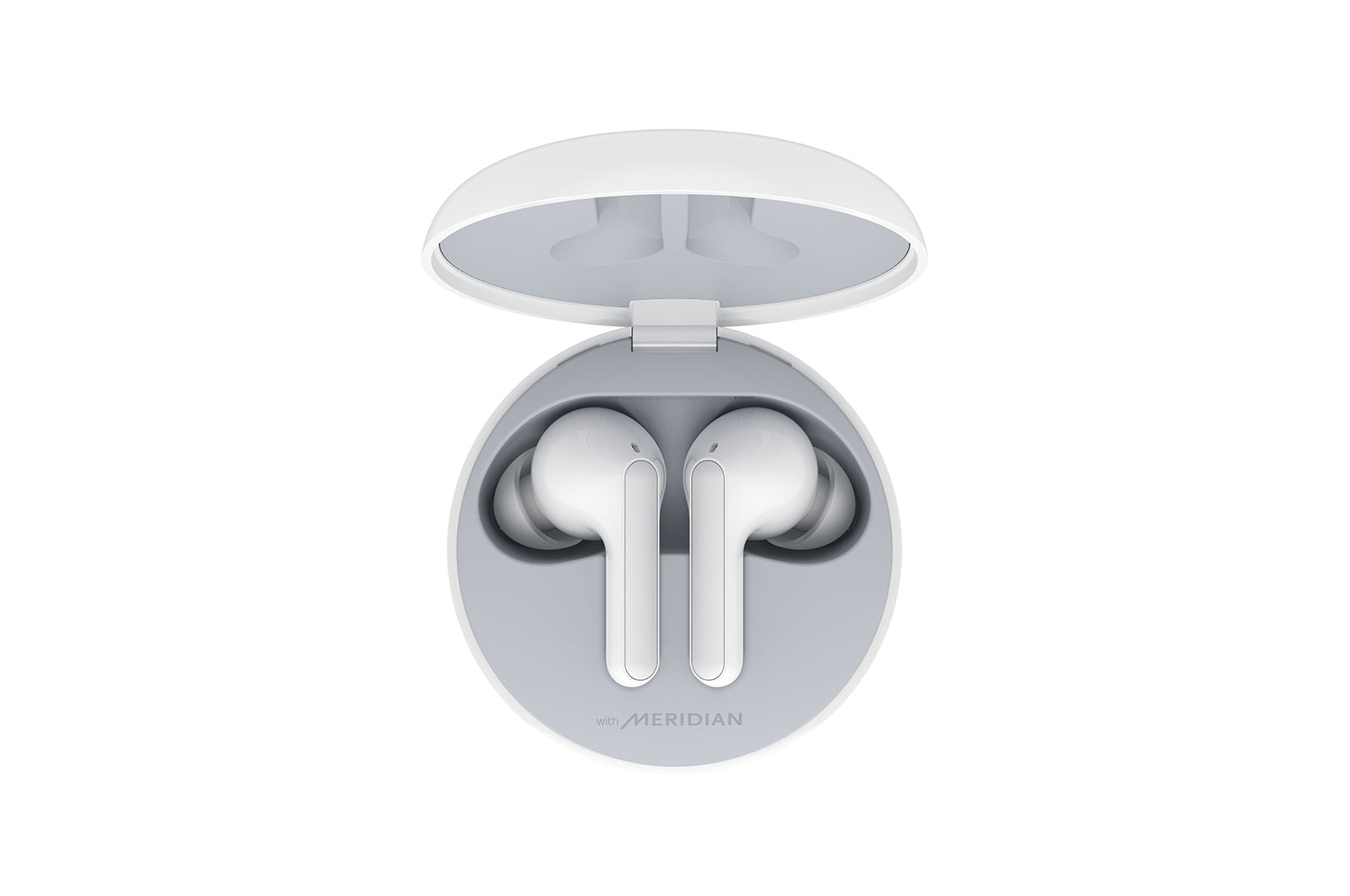 HBS-FN6-A top view of a cradle opened up and two earbuds inside it with UV lighting on