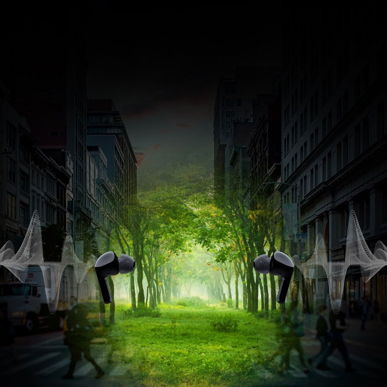 An image of two earbuds facing each other and wave illustrated behind each earbud. And it's a virtual space,there are city but forest in the middle.