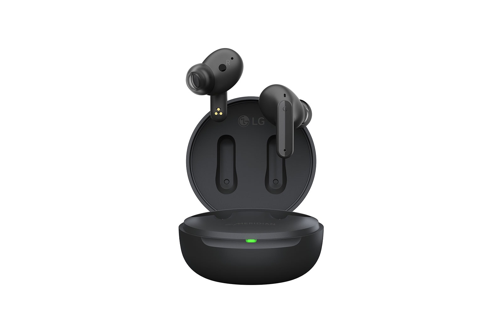 Image with earbuds floating over a closed cradle.