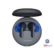 The lid of the cradle is open, showing light coming out through the earbuds inside. The UVnano logo is visible from above.