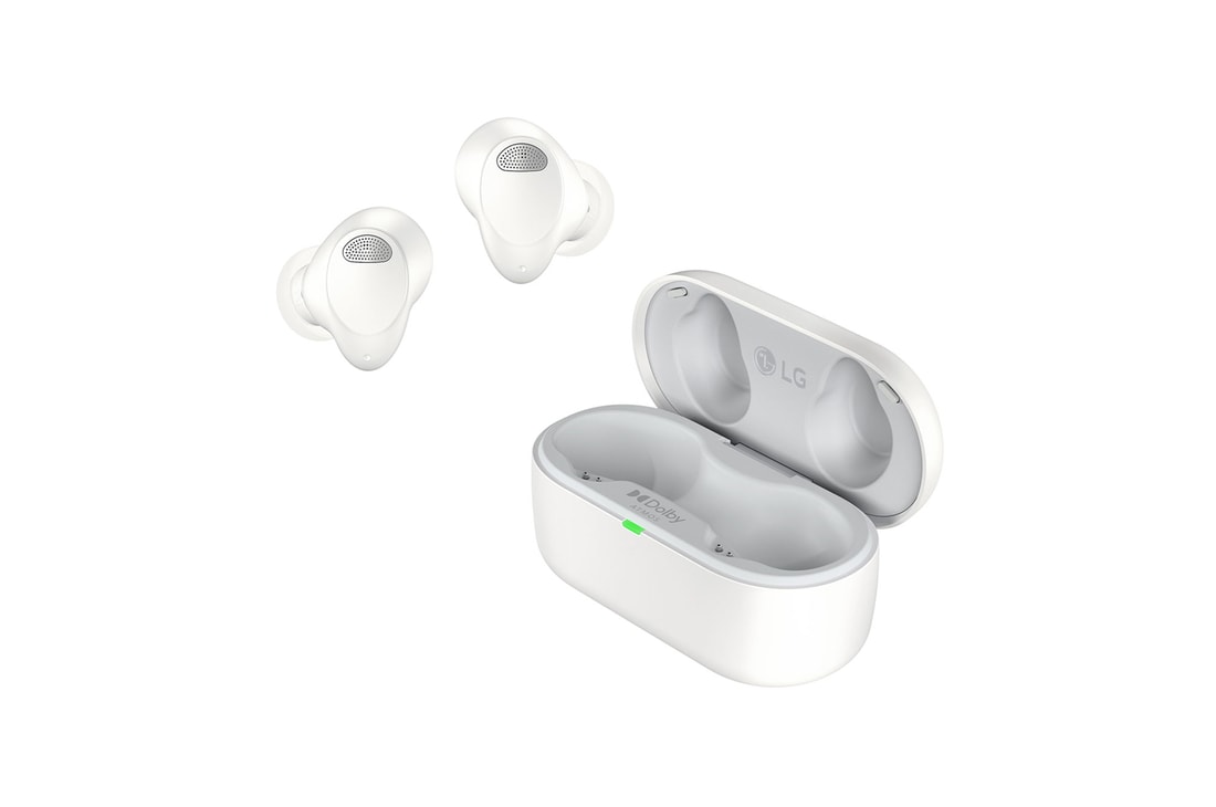 45 degree angle with the right side facing forward. The cradle is opened and the earbuds are floating.