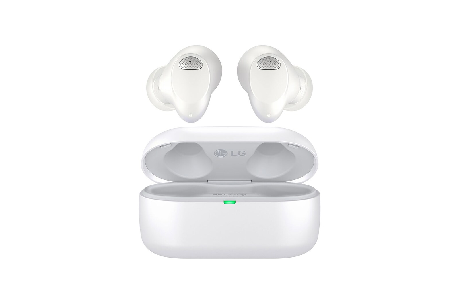 Front view of the floating earbuds with the cradle open.