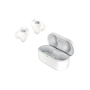 45 degree angle with the right side facing forward. The cradle is opened and the earbuds are floating.
