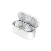 45 degree angle with the right side facing forward. There are earbuds in the open cradle.